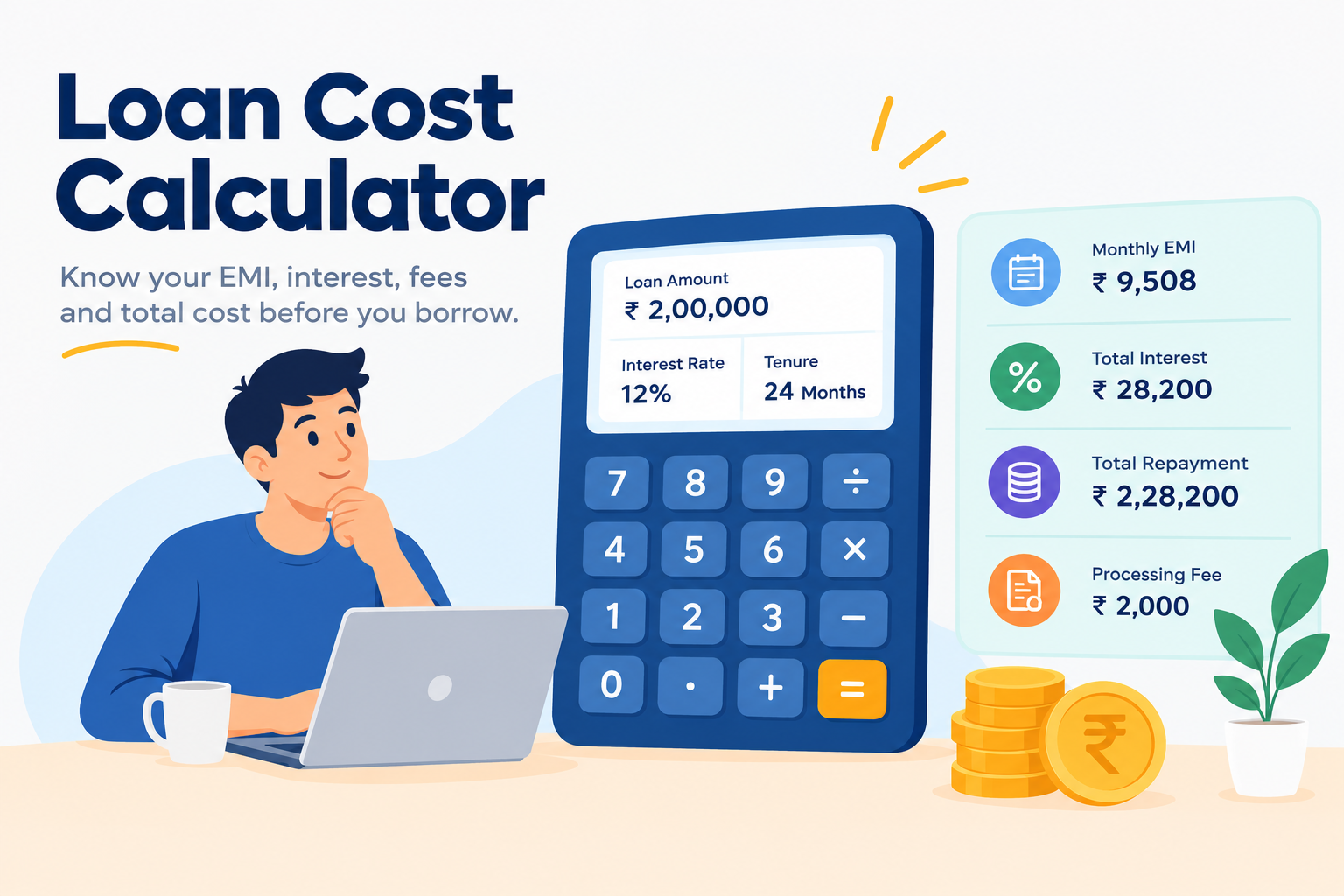 Simple illustration of a loan cost calculator showing loan amount, interest rate, EMI, and total repayment to help borrowers understand personal loan costs and plan their finances.